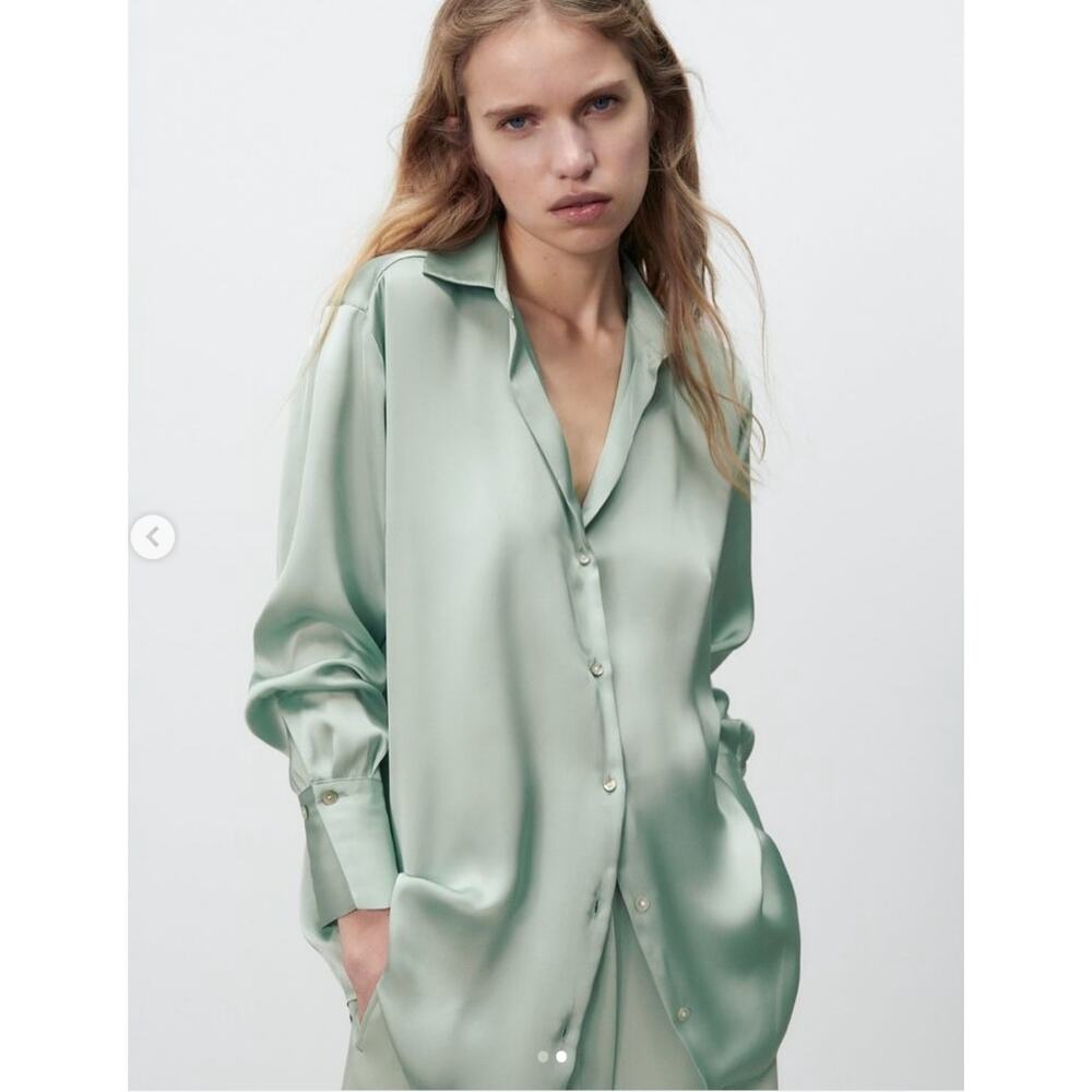 Zara Green Satin Oversized Button Up Shirt | Small